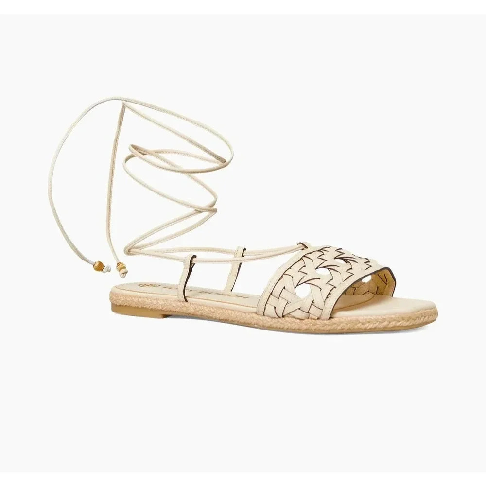 NWOT Tory Burch Caning Ankle-Wrap Leather Espadrille Sandals